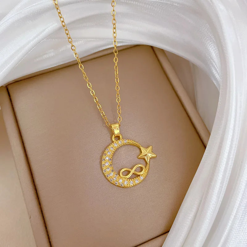 Crescent Moon Pendant Necklace Stainless Steel Zircon Vintage Jewelry