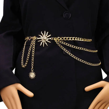 Punk Hip Hop Sun Waist Chain Belt – Vintage Gold & Silver Metal High Waist Chain for Women