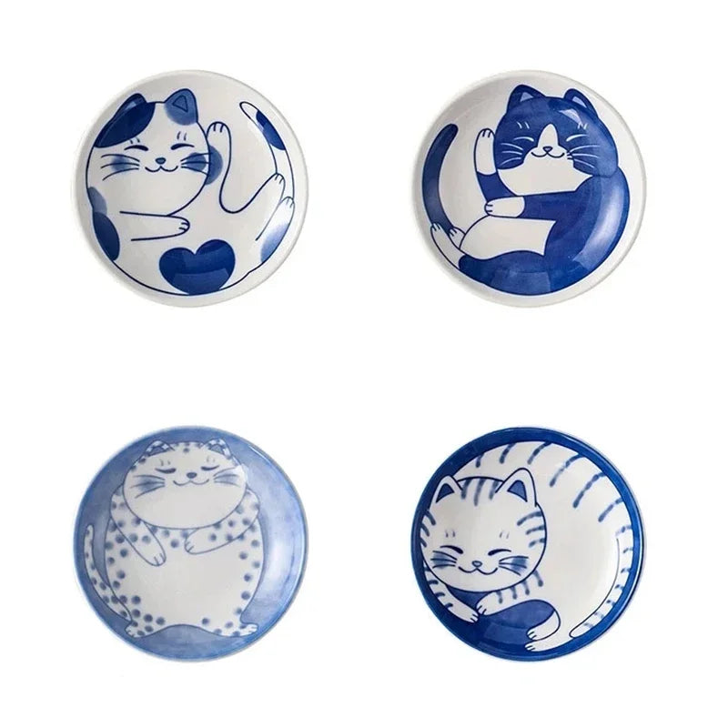 Lucky Cat Ceramic Sauce Dishes Set – 4pc Japanese Style Sushi Plates