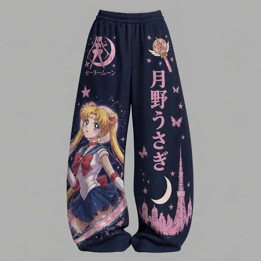 Sailor Moon Anime Print Pants – Y2K Streetwear Loose-Fit Casual Trousers for Women