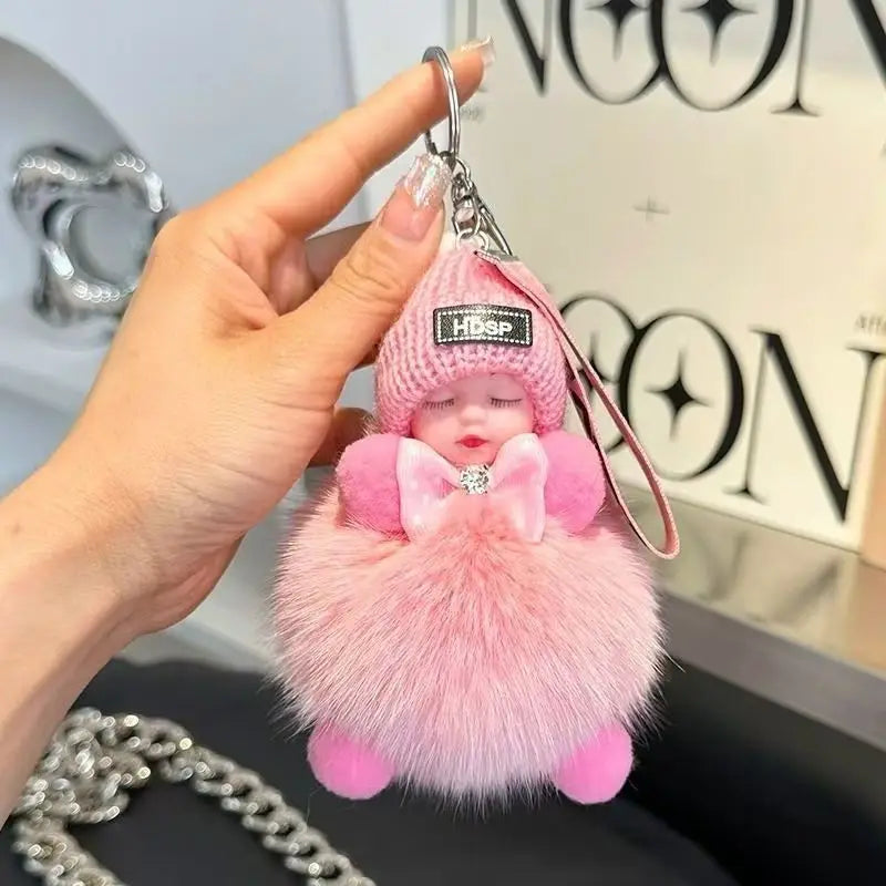 Cute Fluffy Sleepy Doll Keychain – Kawaii Plush Bag Charm Car Key Ring Gift