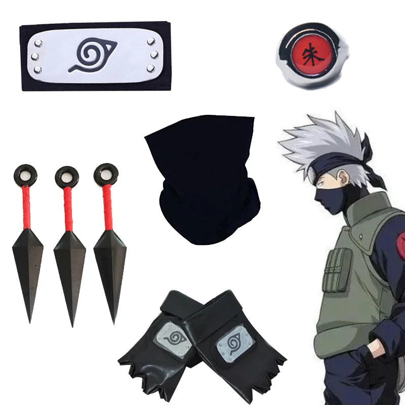 Naruto Kakashi Cosplay Accessory Set - Mask, Headband, Gloves and Kunai Props for Anime Fans