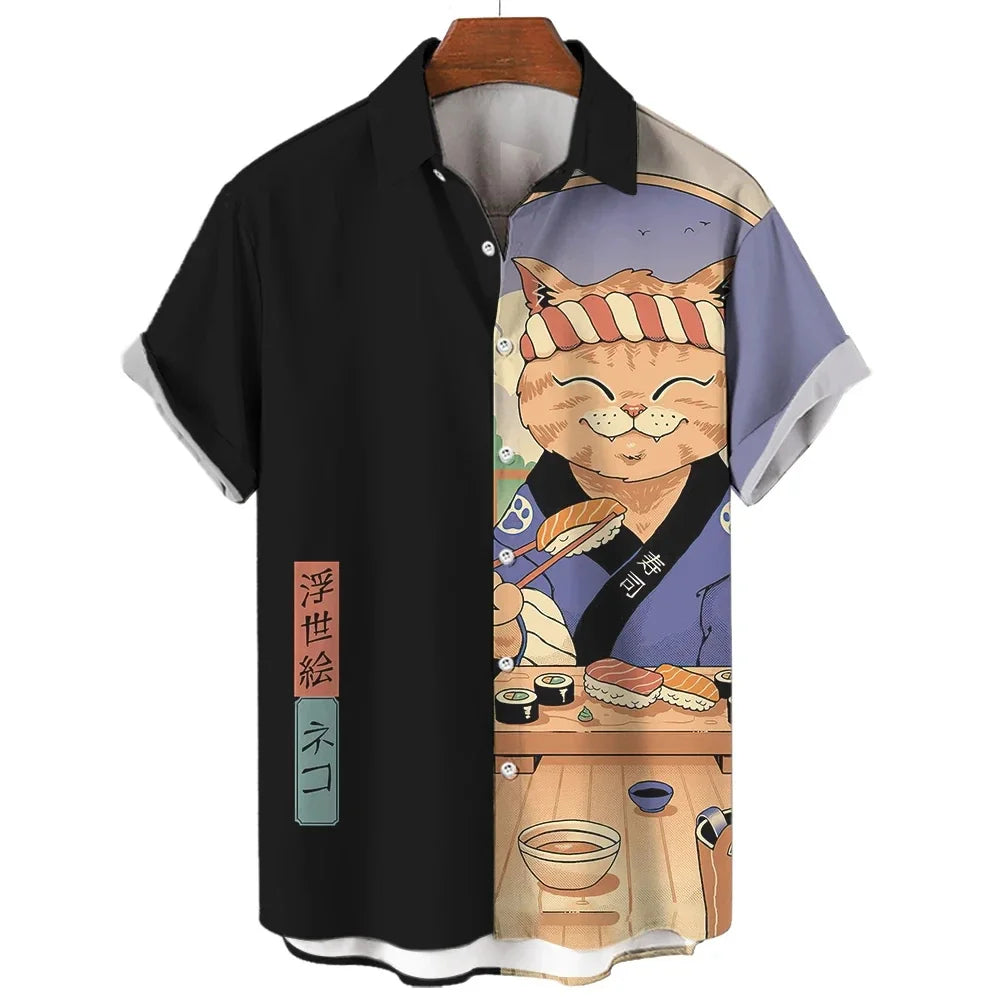 Men's Samurai Cat Print Hawaiian Shirt - Short Sleeve Loose Casual Anime Blouse
