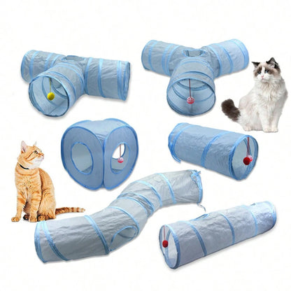 3-Way Foldable Cat Tunnel – Gray Pet Play Tube with Peep Hole for Kittens