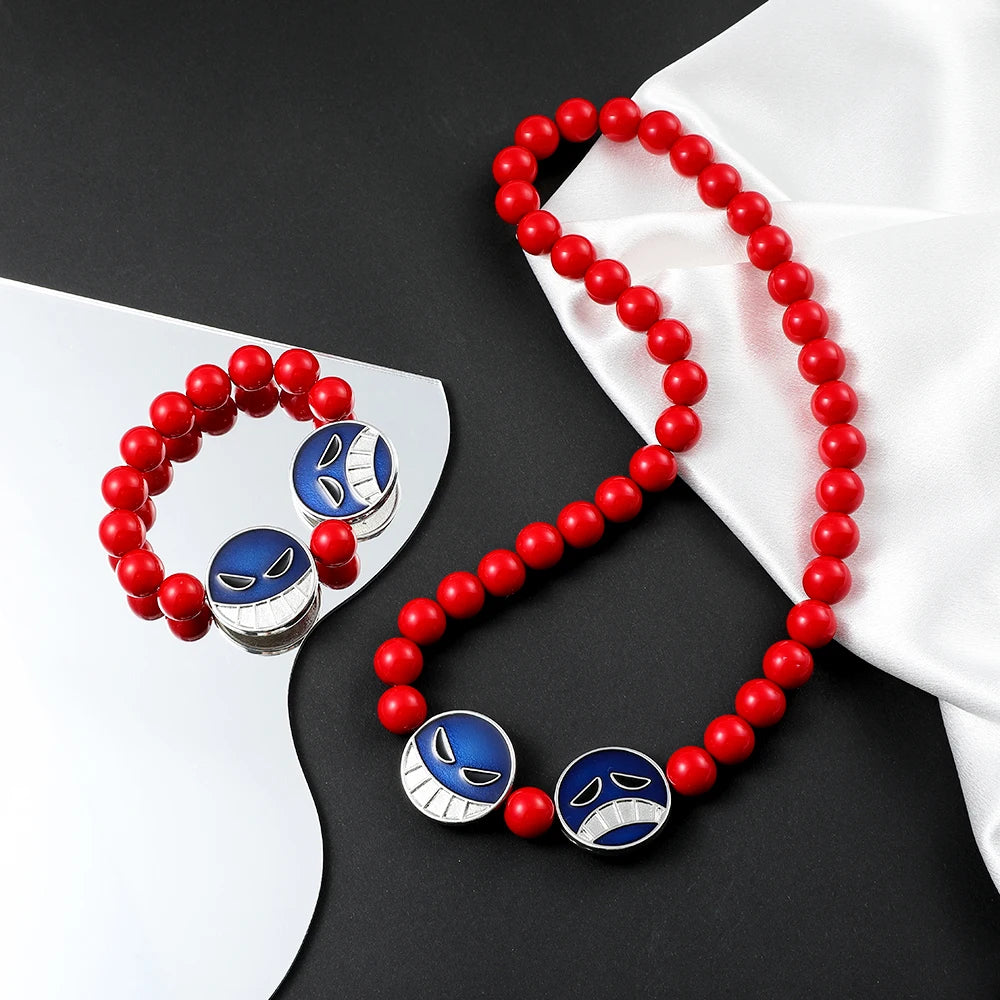 Portgas D Ace Red Beads Face Bracelet & Necklace – One Piece Anime Cosplay Jewelry Gift