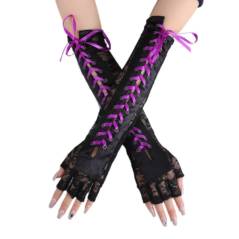 Fingerless Fishnet Lace Gloves Women Gothic Lolita Ribbon Long Elbow Mittens