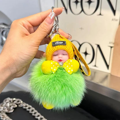 Cute Fluffy Sleepy Doll Keychain – Kawaii Plush Bag Charm Car Key Ring Gift