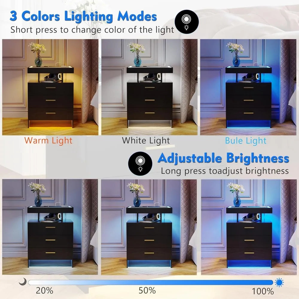 2 Set Modern Nightstands with Wireless Charging Station Black LED Illumination Auto Sensor 3 Color Dimmable Bedside Tables