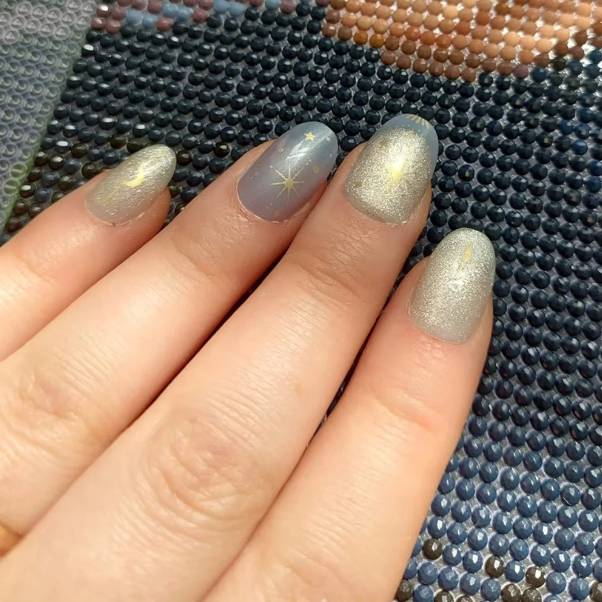 Y2K Star Press On Nails 24pcs – Blue Gradient French Gold Moon Almond False Nails