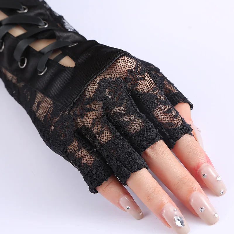 Fingerless Fishnet Lace Gloves Women Gothic Lolita Ribbon Long Elbow Mittens
