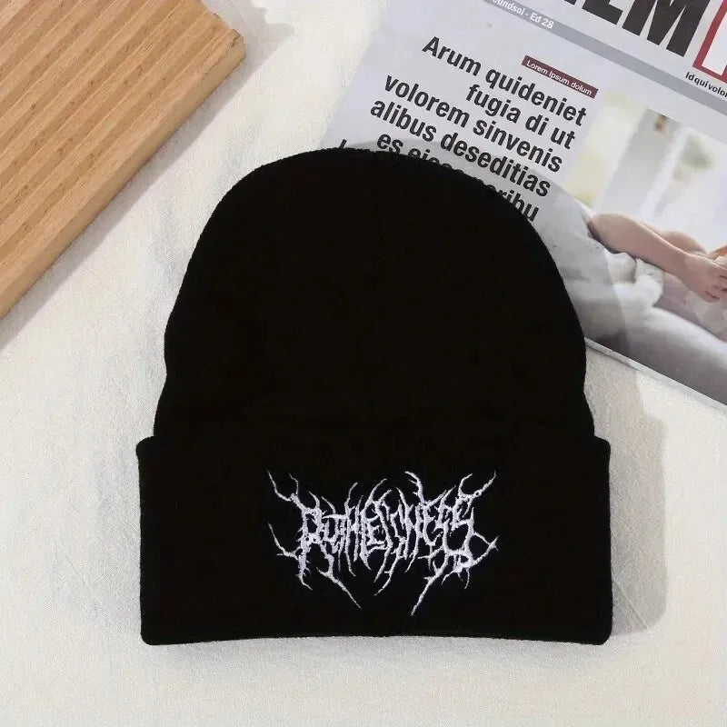 Gothic Street Punk Knitted Beanie Hat – Warm Acrylic Winter Cap for Men & Women