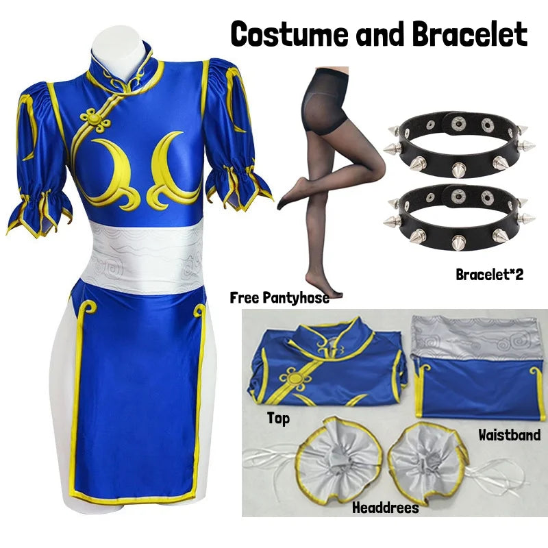 Women's Street Fighter Chun-Li Cosplay Costume – Blue Cheongsam Set