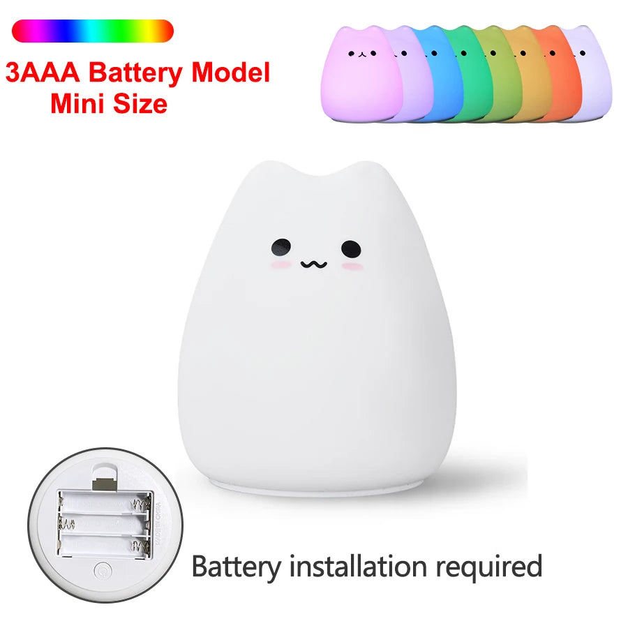 Soft Silicone Cat Night Light – 7-Color Touch Sensor LED Lamp for Kids & Baby Bedrooms