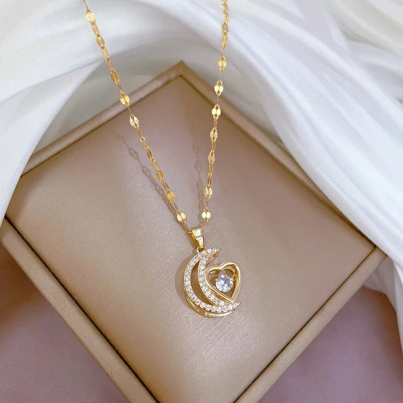 Crescent Moon Pendant Necklace Stainless Steel Zircon Vintage Jewelry