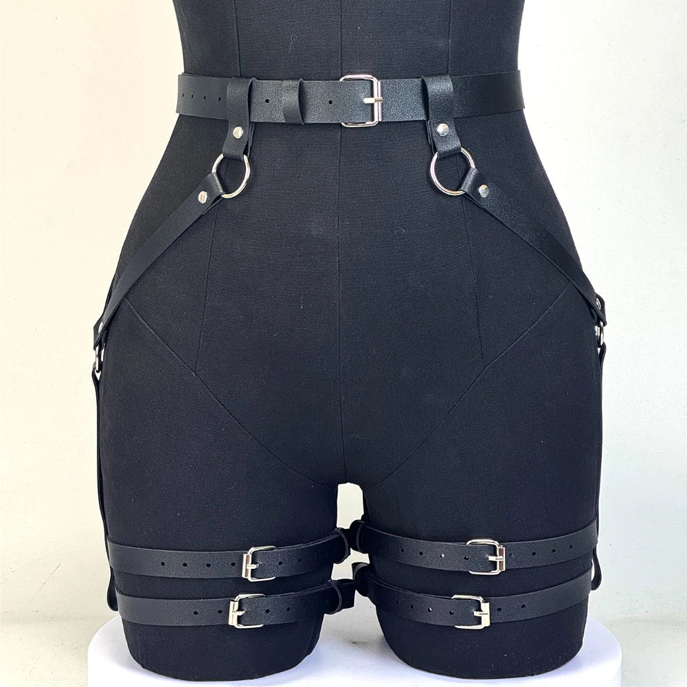 Black Punk Style Leather Strappy Leg Ring Waist Belt Harness