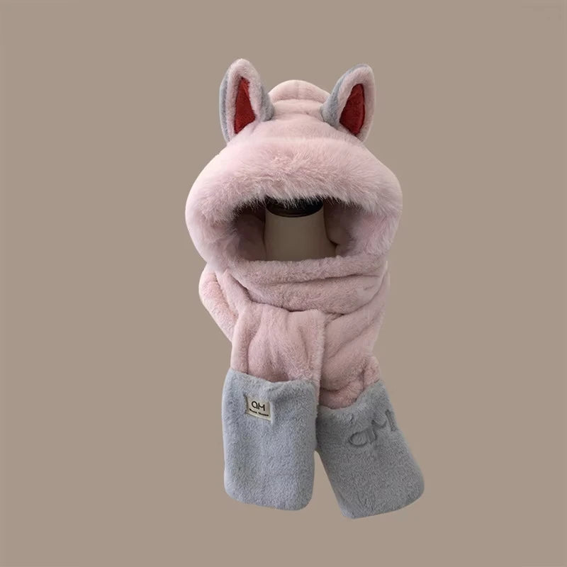 Fox Ear Plush Hat and Scarf Set - Warm Furry Winter Ear Protection Hood