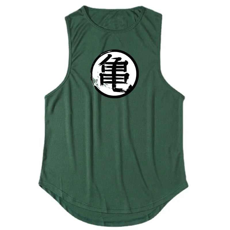 Japanese Anime Turtle Script Sleeveless Tank Top - Summer Gym and Running Vest for Men