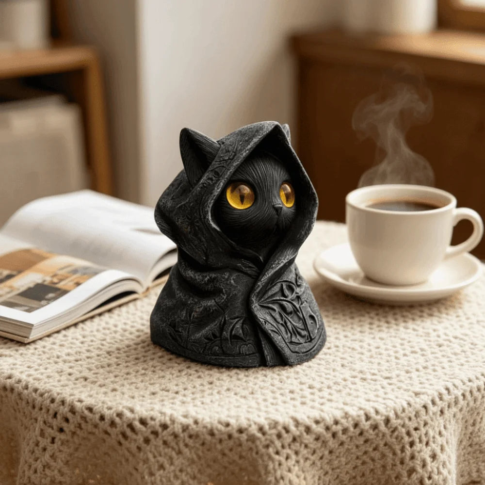 Gothic Hooded Cloak Cat Sculpture – Mystical 3D Printed Cat Statue Home Decor