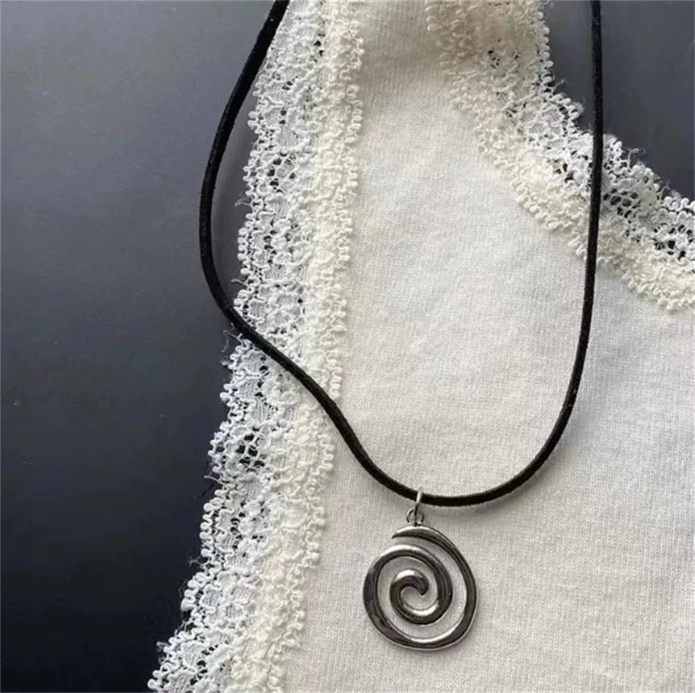 Y2K Spiral Vortex Pendant Necklace - Boho Leather Rope Pentagram Jewelry