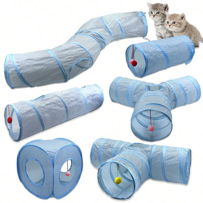 3-Way Foldable Cat Tunnel – Gray Pet Play Tube with Peep Hole for Kittens