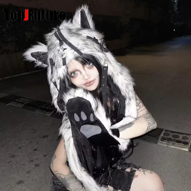 Women's Gothic Harajuku Fluffy Eyes Winter Hat with Zipper Scarf and Gloves
