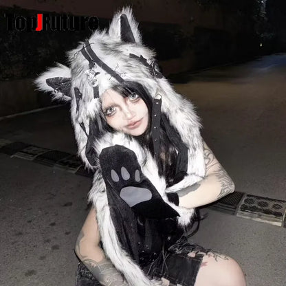 Women's Gothic Harajuku Fluffy Eyes Winter Hat with Zipper Scarf and Gloves