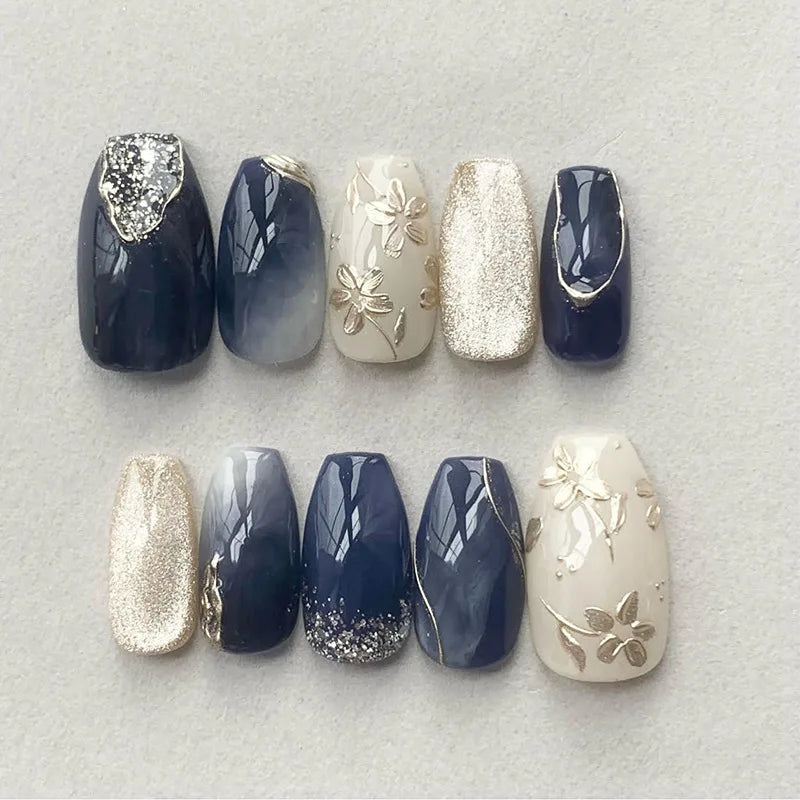 Y2K Star Press On Nails 24pcs – Blue Gradient French Gold Moon Almond False Nails