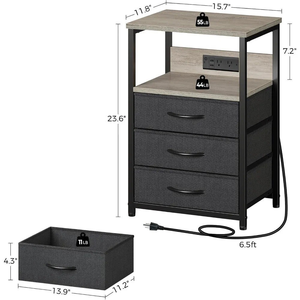 Dual-Function Nightstands with Charging Ports and LED Lights, Pair of 3-Drawer Bedside Tables with USB Charging