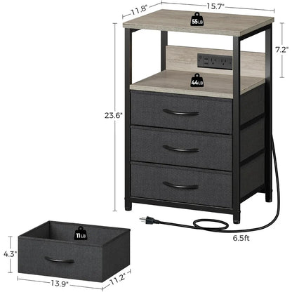 Dual-Function Nightstands with Charging Ports and LED Lights, Pair of 3-Drawer Bedside Tables with USB Charging