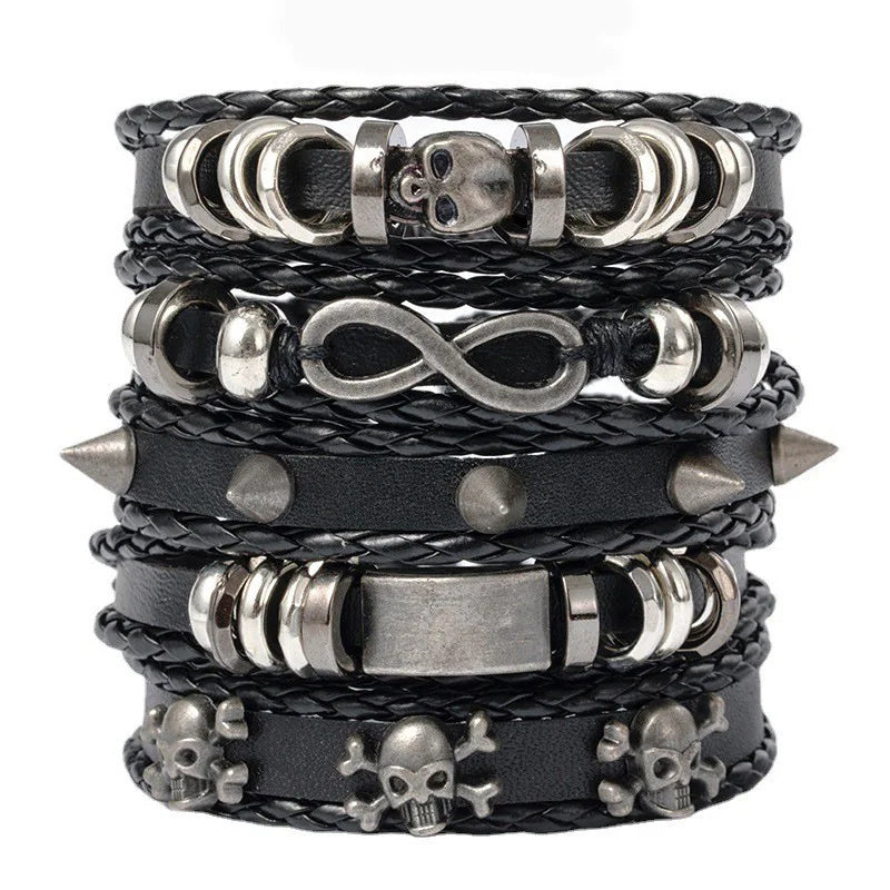 Black Punk Skull & Star Leather Bracelet Set – Gothic Alloy Wristband for Men & Women