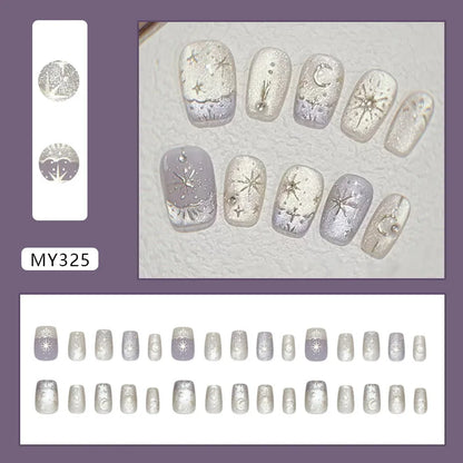 Y2K Star Press On Nails 24pcs – Blue Gradient French Gold Moon Almond False Nails