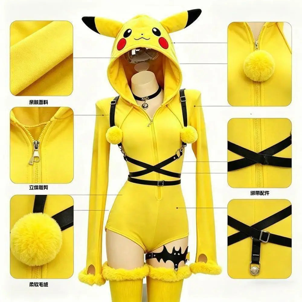 Pikachu Cosplay Hooded Bodysuit for Women – Yellow Plush Jumpsuit with Tail and Socks