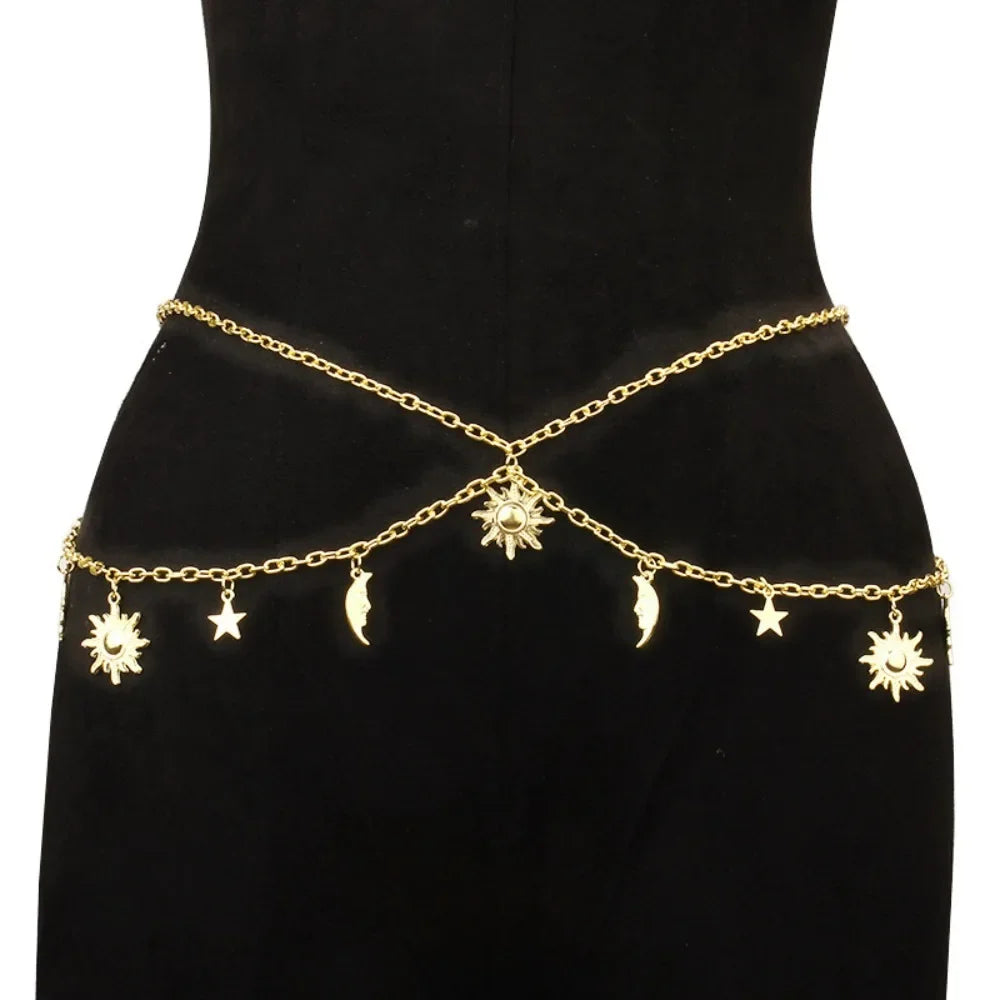 Punk Hip Hop Sun Waist Chain Belt – Vintage Gold & Silver Metal High Waist Chain for Women