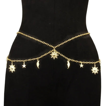 Punk Hip Hop Sun Waist Chain Belt – Vintage Gold & Silver Metal High Waist Chain for Women