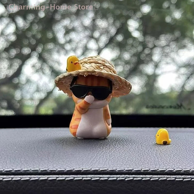 Cute Straw Hat Cat Car Rearview Mirror Pendant