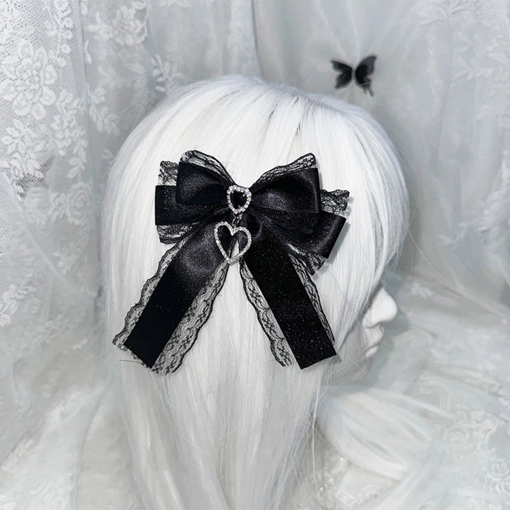 Y2K Gothic Harajuku Lace Bow Hair Clips – Lolita Double Ponytail Hairpins & DIY Bag Decor for Girls