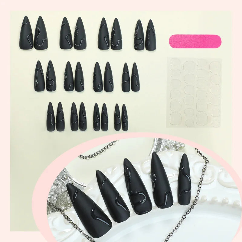 24pcs Halloween Black Snake Press On Nails, Gothic Y2K Long Pointy Nail Tips