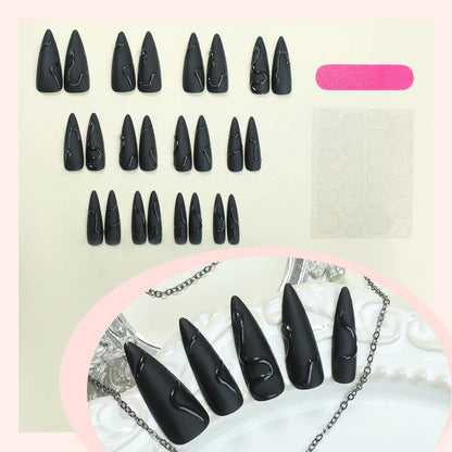 24pcs Halloween Black Snake Press On Nails, Gothic Y2K Long Pointy Nail Tips
