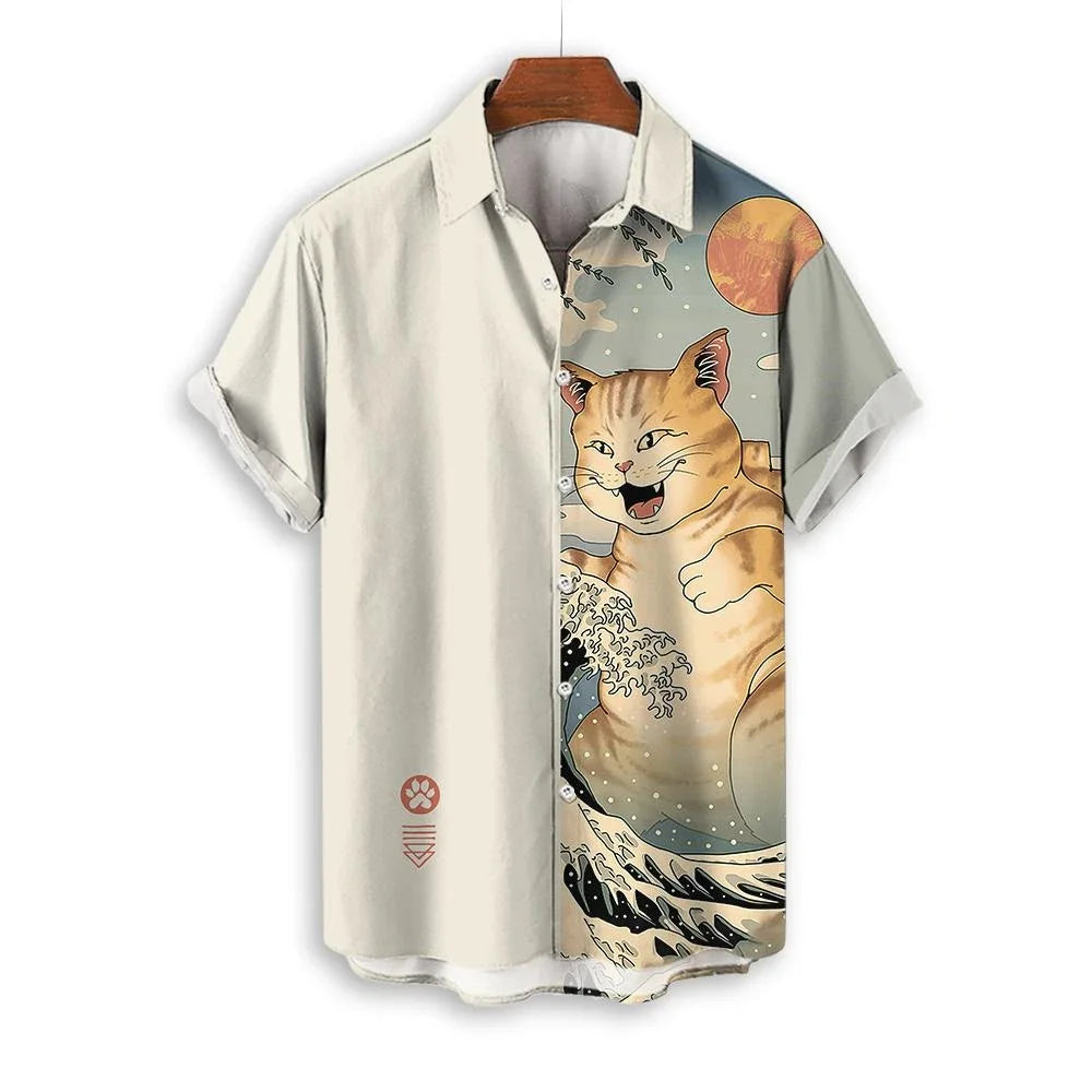 Men's Samurai Cat Print Hawaiian Shirt - Short Sleeve Loose Casual Anime Blouse