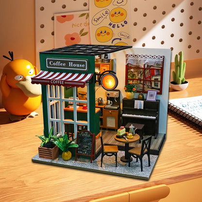 DIY 3D Puzzle Wooden Miniature Dollhouse Building Kit - Handmade Coffee House Model Gift