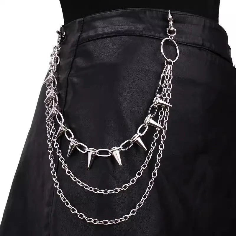 Silver Punk Double-Layer Waist Chain with Rivets – Adjustable Metal Belt Pants Chain for Women & Men