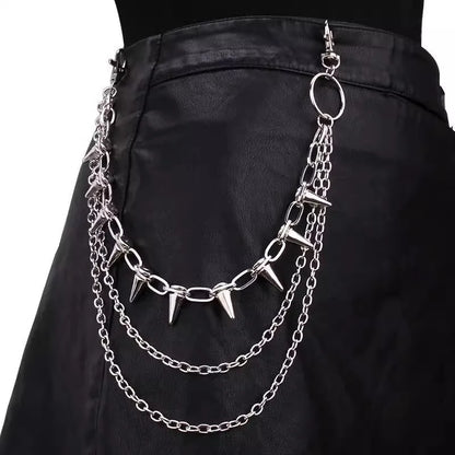 Silver Punk Double-Layer Waist Chain with Rivets – Adjustable Metal Belt Pants Chain for Women & Men