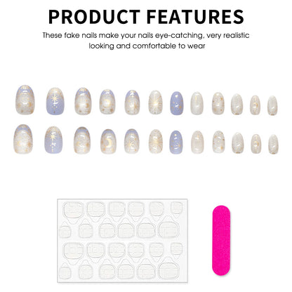 Y2K Star Press On Nails 24pcs – Blue Gradient French Gold Moon Almond False Nails