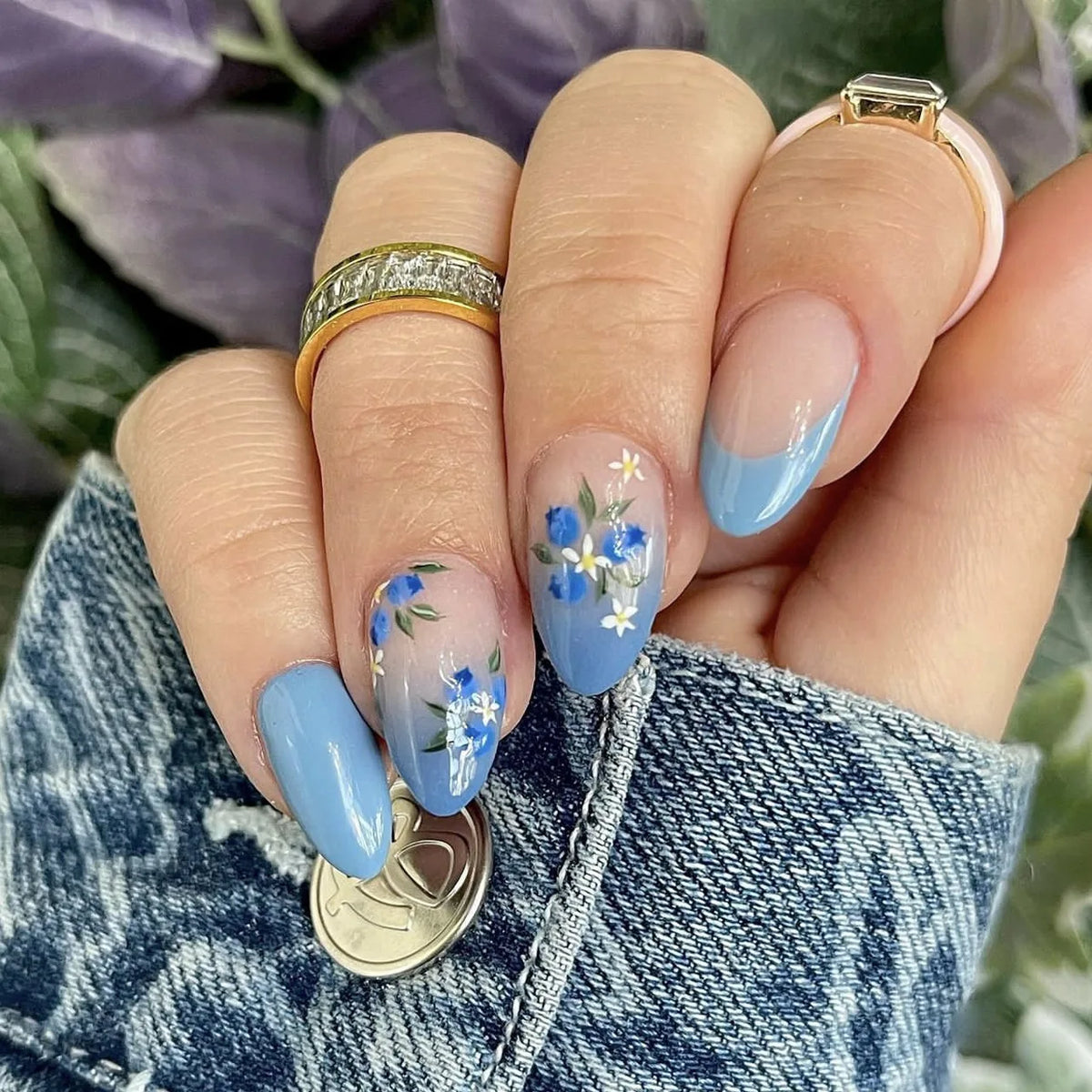 Y2K Star Press On Nails 24pcs – Blue Gradient French Gold Moon Almond False Nails