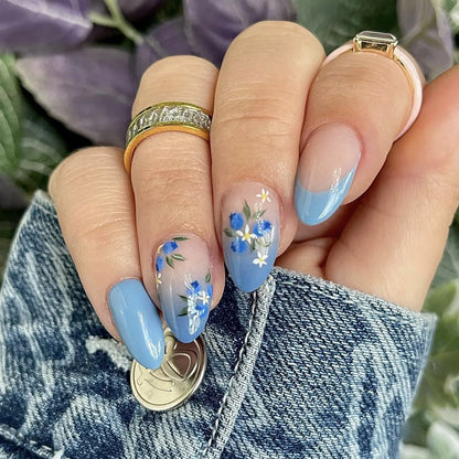 Y2K Star Press On Nails 24pcs – Blue Gradient French Gold Moon Almond False Nails