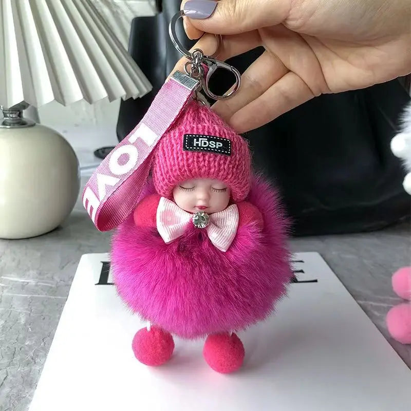Cute Fluffy Sleepy Doll Keychain – Kawaii Plush Bag Charm Car Key Ring Gift