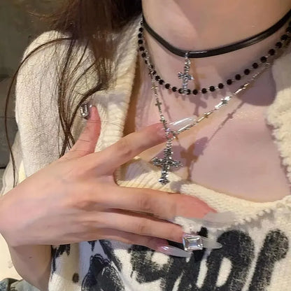 Punk Star Heart Cross Double Layer Chain Necklace – Y2K Grunge & EMO Rock Style for Men and Women