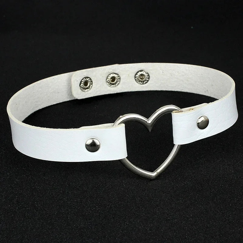 Holographic Heart Ring PU Leather Choker Necklace - Gothic Laser Collar