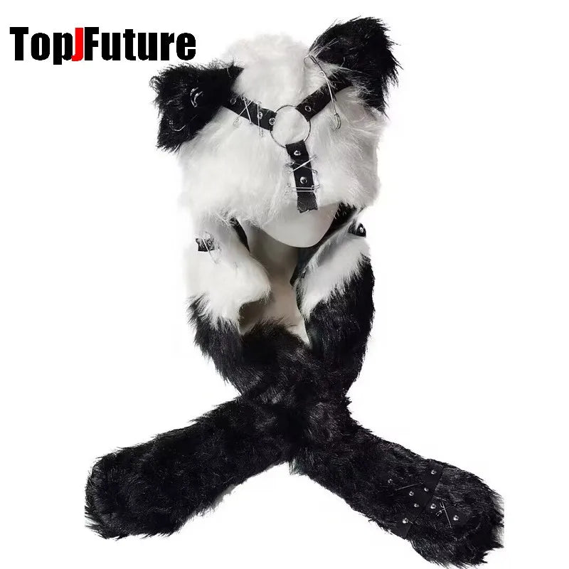Women's Gothic Harajuku Fluffy Eyes Winter Hat with Zipper Scarf and Gloves