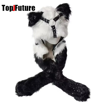 Women's Gothic Harajuku Fluffy Eyes Winter Hat with Zipper Scarf and Gloves